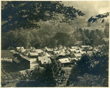 Striking coal miners’ tent colony. The community gardens are visible to the left of the tents. Courtesy WVRHC.