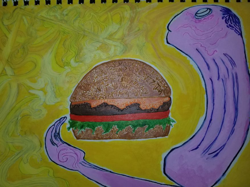painting of person eating burger