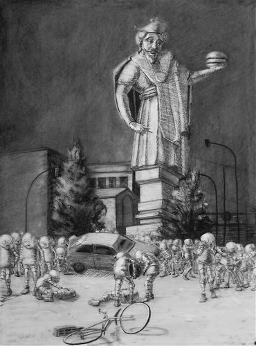 Riot at the Monument to the King, charcoal on paper, 40" x 28"