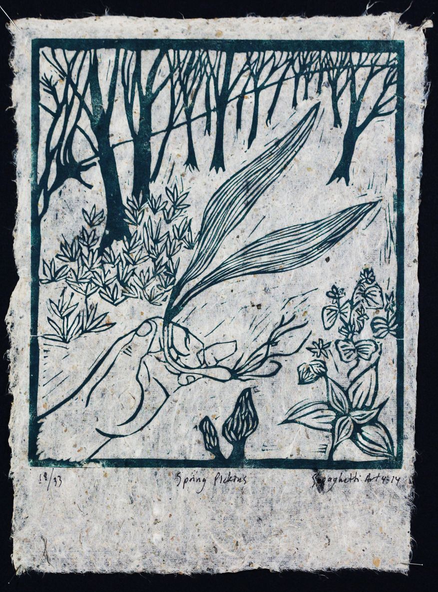 Spring Pickins, by Eddie Maier, Woodcut print